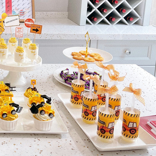 饰周岁生日布置黄色系挖掘机插件插牌推推乐贴摆件 工程车甜品台装