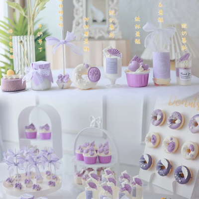 粉紫色婚礼甜品台布丁杯封口纸订婚蛋糕装饰纸杯插件推推乐贴纸