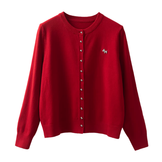 2026春季慵懒风米白色圆领针织开衫女宽松外套金属扣小铁马毛衣潮