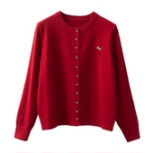 2026春季 慵懒风米白色圆领针织开衫 女宽松外套金属扣小铁马毛衣潮