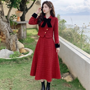 高级感气质蝴蝶结红色毛呢短外套长裙两件套装女半身裙过膝秋冬潮