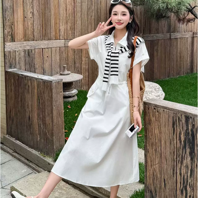 夏季高级感白色短袖衬衫披肩丝巾连衣裙女收腰显瘦休闲浅蓝色长裙