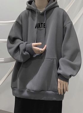重磅纯棉秋冬加绒加厚连帽卫衣男士美式潮牌简约字母宽松休闲外套