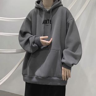 美式 重磅純棉秋冬加絨加厚連帽衛(wèi)衣男士 潮牌簡約字母寬松休閑外套