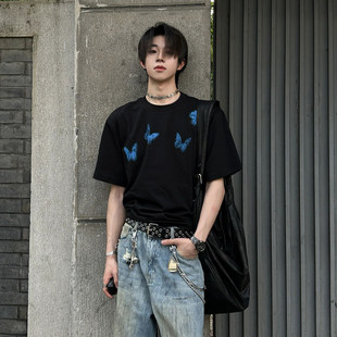 美式 t恤男夏季 重磅纯棉青少年潮牌宽松上衣半袖 高街蝴蝶印花短袖