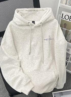 100%纯棉美式复古连帽加绒加厚卫衣男秋冬潮牌港风宽松字母外套潮