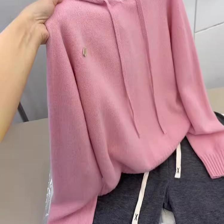 时尚减龄粉色连帽针织卫衣女2025春季新款遮肉显瘦超好看长袖上衣
