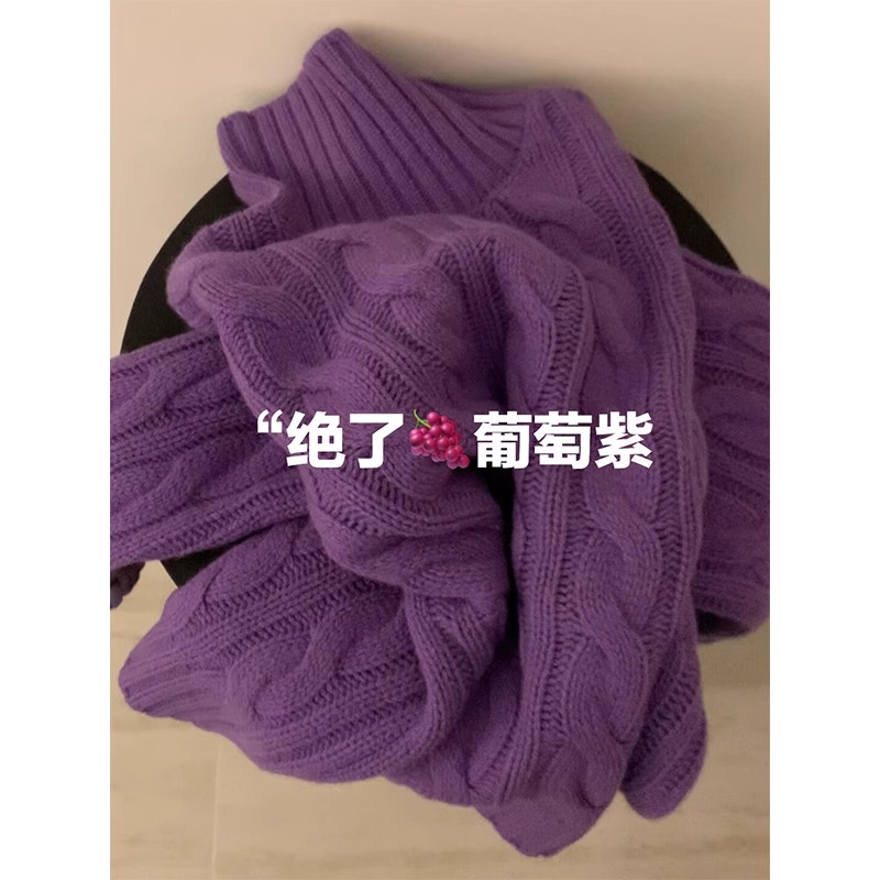 欧货重磅时尚百搭针织上衣女2025秋冬款葡萄紫色麻花高领针织毛衣