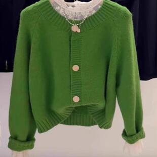时尚 女2025秋冬新款 百搭绿色毛衣外套 高级感宽松圆领针织开衫 韩式