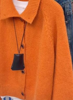 欧货高级感2025秋冬新款时尚百搭针织开衫女韩式宽松显瘦橙色毛衣