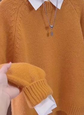 2025秋冬新款橙色圆领套头针织毛衣女 韩式百搭时尚宽松针织上衣