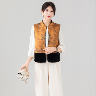 上衣 复古印花拼接无袖 瑞景媛26C010A新中式 立领盘扣马甲2026新款