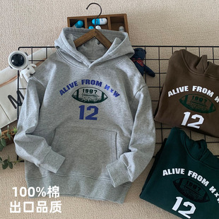 男童卫衣连帽春秋款 外贸童装 儿童中大童灰色欧美橄榄球休闲外套