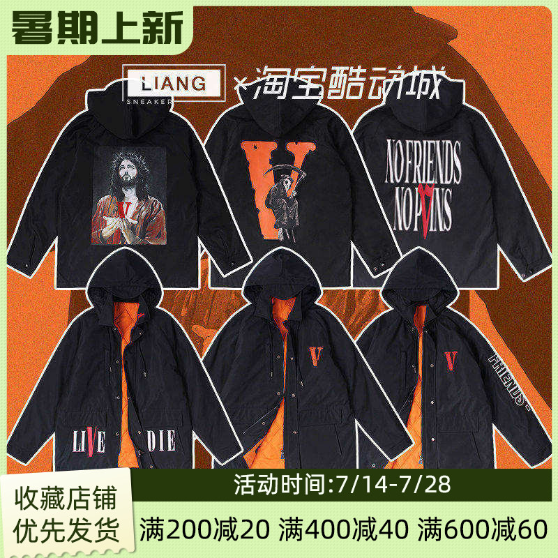 VLONE 刺绣印花休闲人物字母连帽宽松棉服 男女同款 黑色