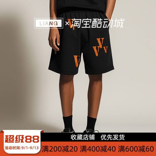 VLONE拼接LOGO刺绣针织宽松短裤 男女同款 情侣款