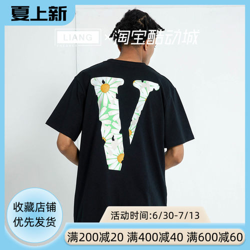 VLONE 雏菊印花大V字logoT恤 男女同款情侣款 黑色