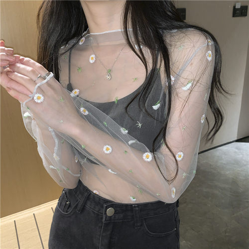 女新款蕾丝长袖内搭上衣网纱