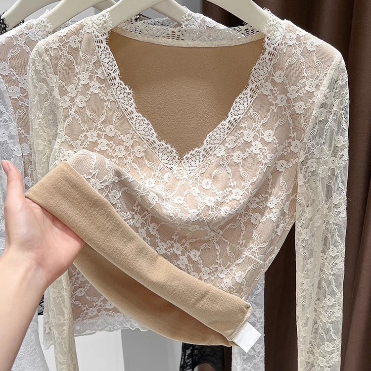 花边低V领蕾丝打底衫女秋冬