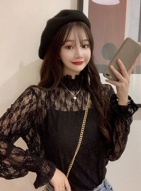 设计感小心机上衣2020秋季新款ins黑色镂空打底显瘦长袖蕾丝衫女