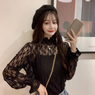 设计感小心机上衣2020秋季新款ins黑色镂空打底显瘦长袖蕾丝衫女