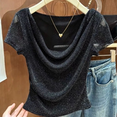 黑色气质荡领正肩短袖 上衣 T恤女夏褶皱收腰显瘦微透亮丝网纱短款