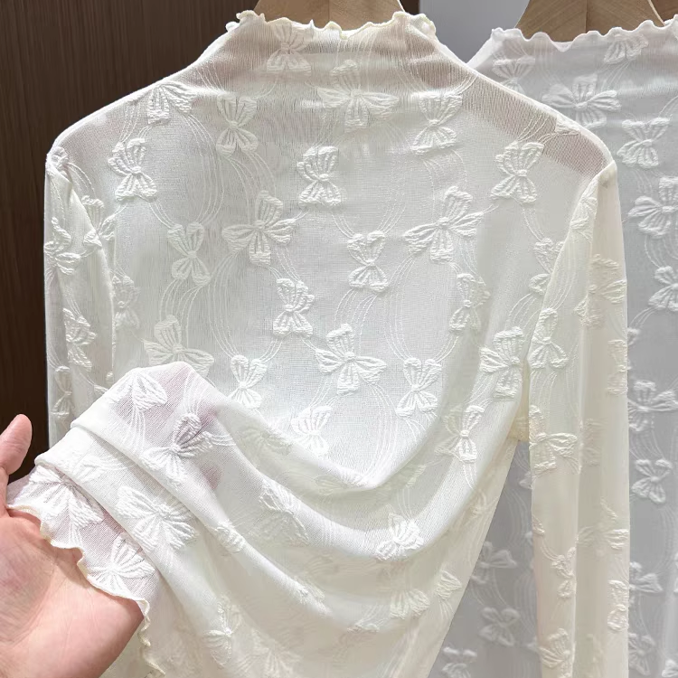 印花半高领随身蕾丝木耳边