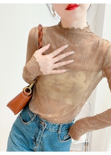 洋气毛衣内搭加绒网纱上衣冬 2022新款 半高领蕾丝打底衫 女春秋薄款