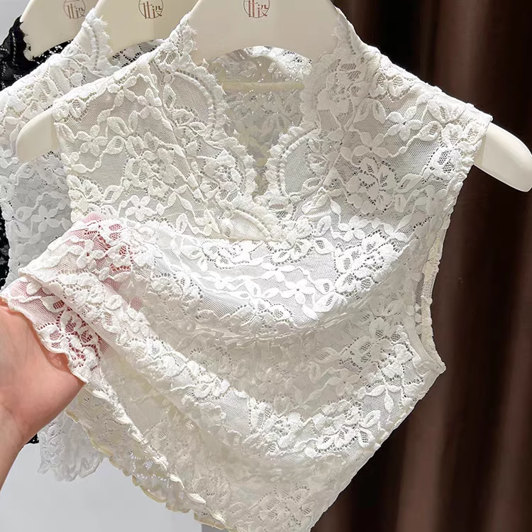 无袖蕾丝假领子打底衫女秋冬叠穿内搭高级感v领提花网纱背心短款