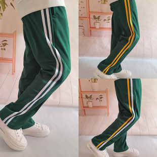 直筒运动长裤 子双黄条宽松薄款 中小学生深绿色双白条校服裤 春夏季