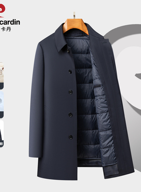 皮尔卡丹精纺羊毛桑蚕丝翻领中长行政夹克鹅绒内胆男士外套爸爸装
