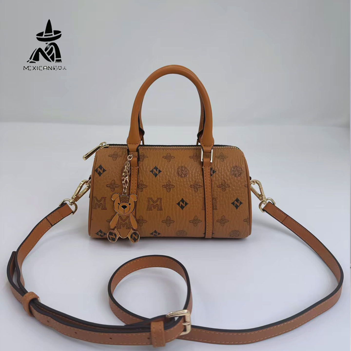 稻草人女包2026春新款老花水桶包小熊挂件时尚百搭单肩斜挎手提包