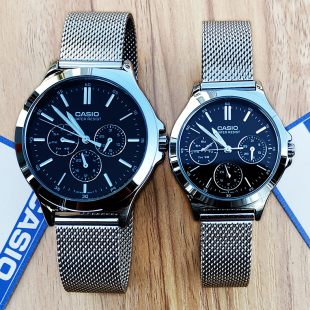 正品卡西欧手表男女情侣表一对三眼日历星期防水米兰网带石英女表