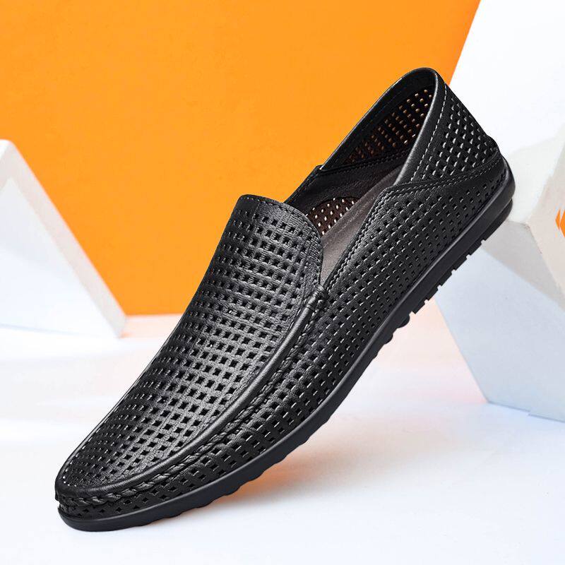 夏季薄款透气豆豆鞋男真皮驾车鞋镂空洞洞凉皮鞋一脚蹬休闲懒人鞋