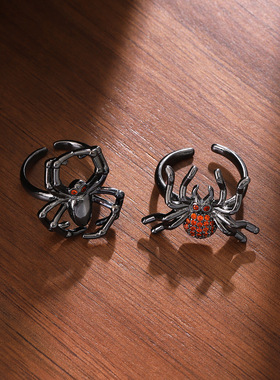 欧美跨境个性朋克风蜘蛛戒指 暗黑风小众设计感复古镶钻活口戒指