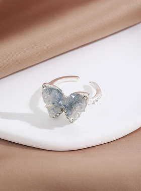 韩式甜美渐变碎冰蓝蝴蝶戒指女 轻奢感小香风时尚气质食指戒