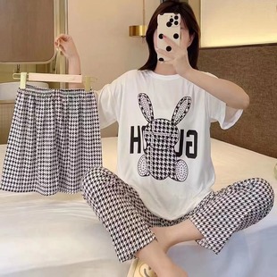 睡衣女夏季 短袖 新款 薄款 家居服可外 长裤 2025年甜美卡通三件套装