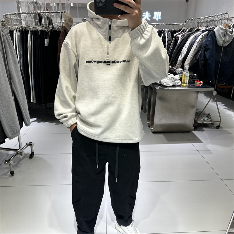 美式潮牌冬装男士加绒连帽卫衣外套字母印花保暖半拉链休闲上衣