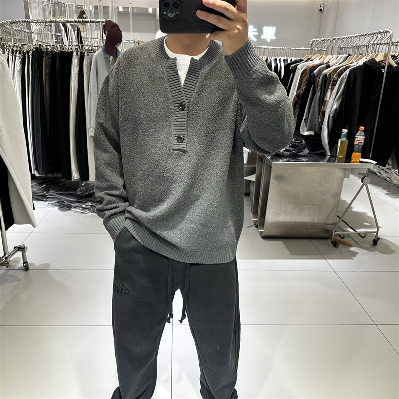原创设计男士针织衫秋冬新款保暖宽松拼接假两件重磅软糯打底毛衣