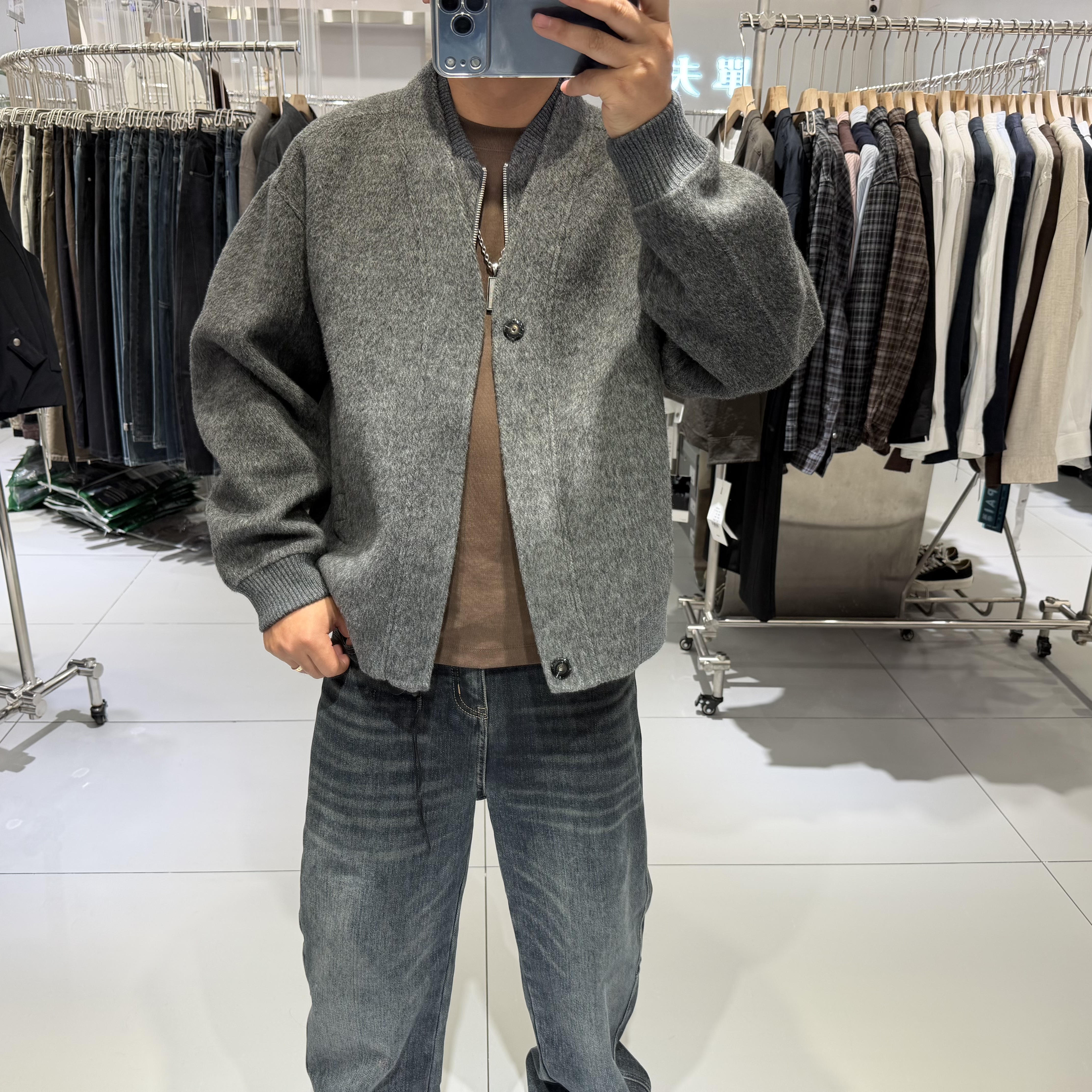 冬季韩版男V领拼接假两件羊毛双面呢外套百搭潮流时尚高级感大衣