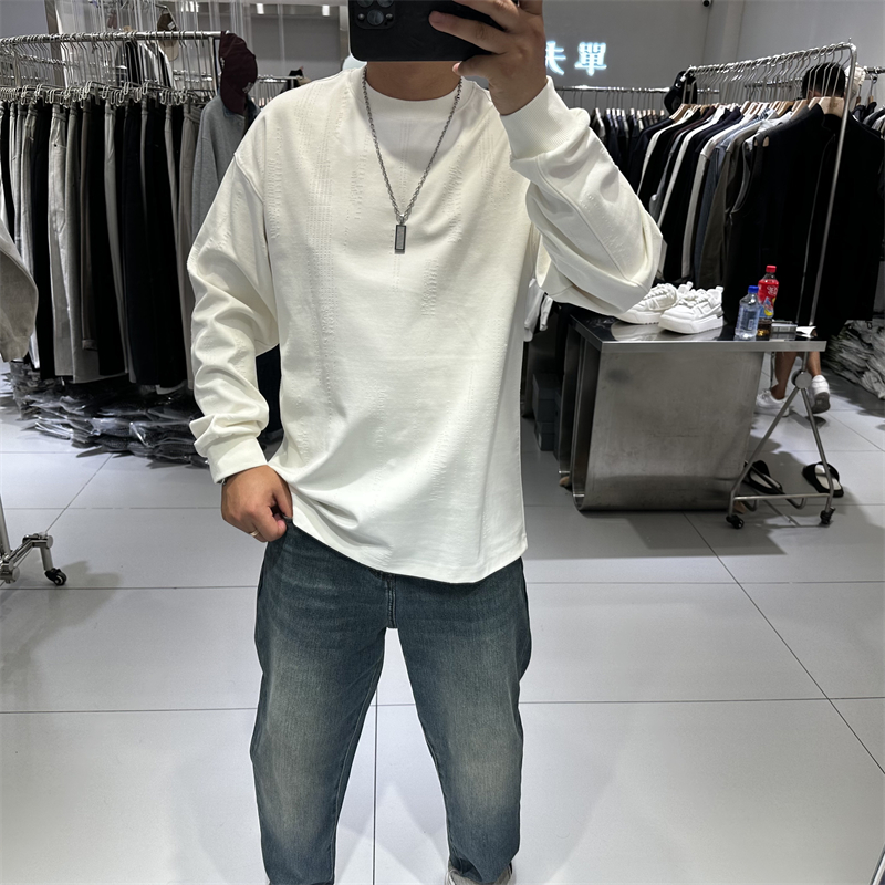 2025秋季新款男士圆领长袖T恤宽松弹力简约镂空设计打底衫卫衣ins