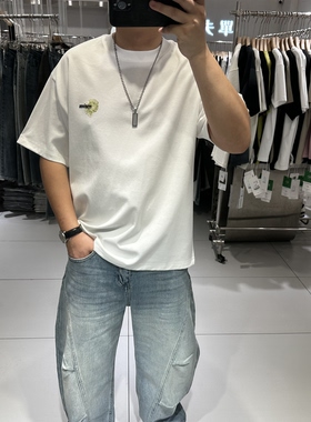 古伦尚夏季潮牌男士圆领短袖T恤宽松弹力创意印花字母刺绣半袖ins