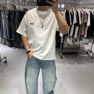古伦尚夏季潮牌男士圆领短袖T恤宽松弹力创意印花字母刺绣半袖ins