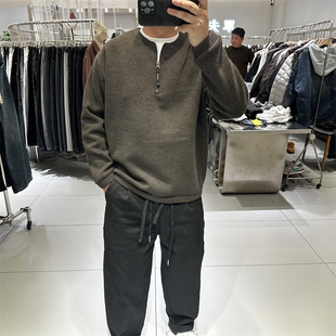 2025冬装 圆领羊毛加绒卫衣宽松保暖半拉链假两件打底上衣 潮牌男士