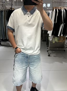 古伦尚夏季潮牌男士拼接翻领短袖T恤宽松休闲半袖polo衫痞帅高级
