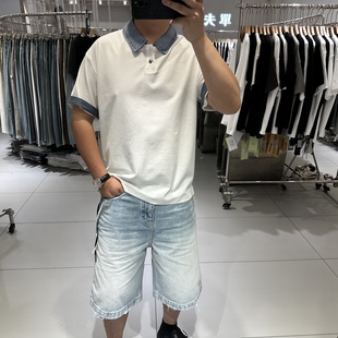 古伦尚夏季潮牌男士拼接翻领短袖T恤宽松休闲半袖polo衫痞帅高级