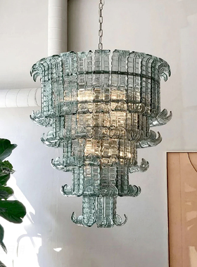 法式Murano穆拉诺透明棕榈叶玻璃中古客厅餐厅吊灯手工玻璃灯具