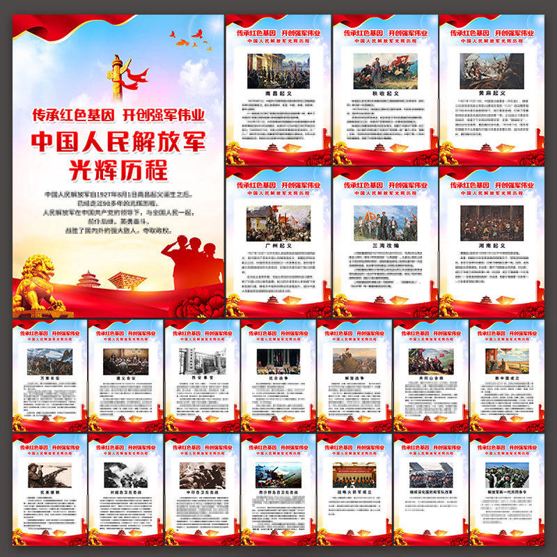 一套中国人民解放军队发展史光辉历程挂图展板psd模版素材#t268