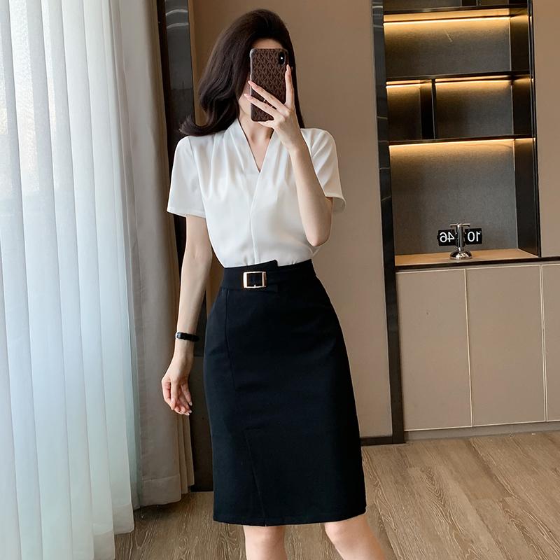 白色v领短袖衬衫女套装新款雪纺衬衣夏季轻奢高级感法式工作服