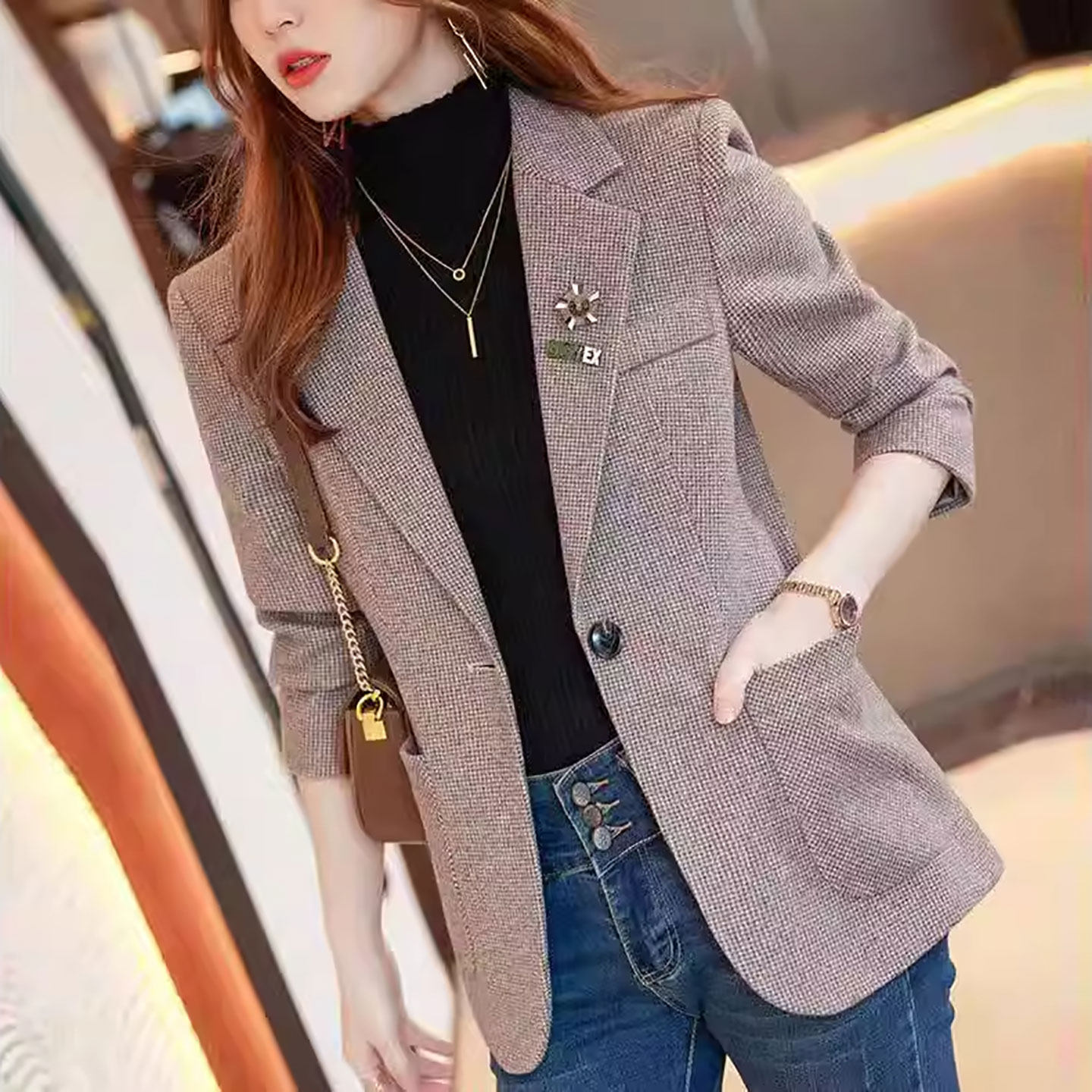 高级感千鸟格西装外套女2026春秋新款上衣小个子气质名媛休闲西服
