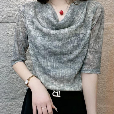 夏季新款堆堆领短袖上衣女士时尚妈妈装洋气休闲减龄显瘦T恤小衫